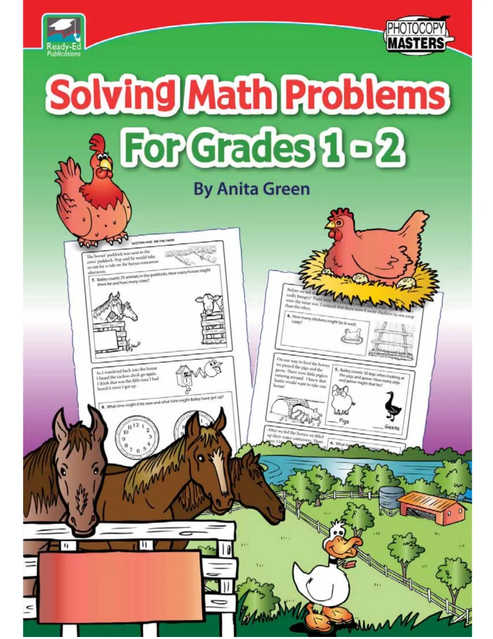 Solving Math Problems for Grades 1-2 cover by Anita Green, showing farm story worksheets with hens, horses and a duck