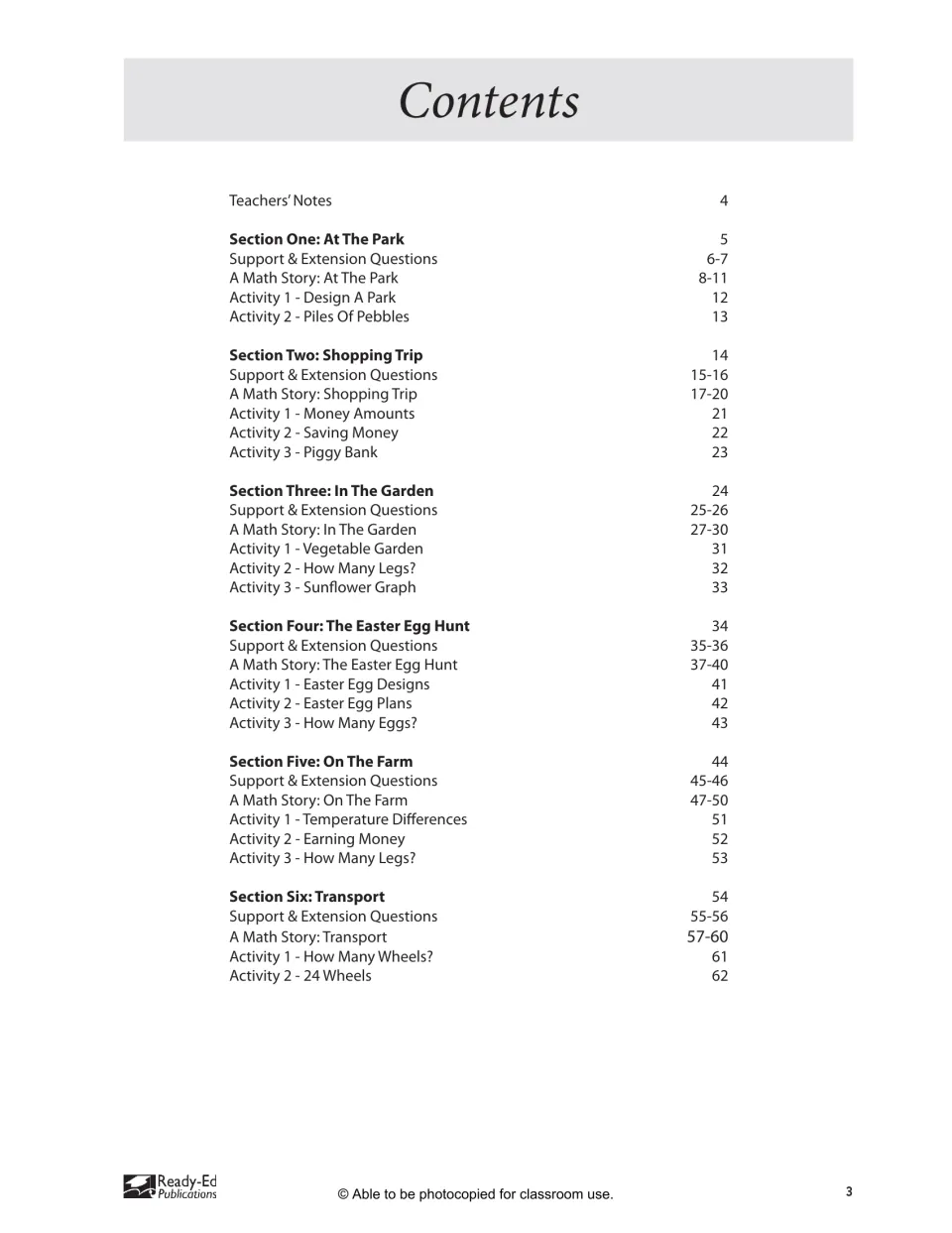 Contents listing six sections, from At The Park to Transport, each with support questions, a math story and activities