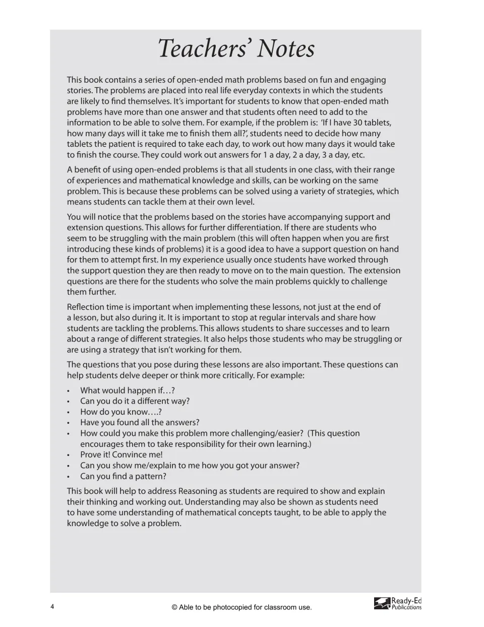 Teachers' Notes on using open-ended math problems, support and extension questions, reflection time and probing questions