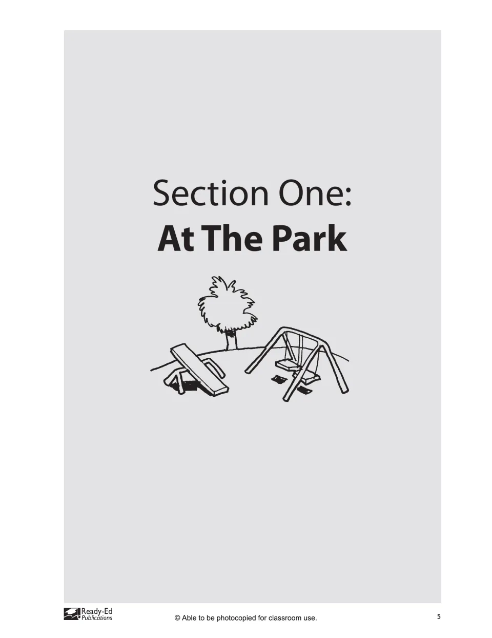 Section One: At The Park title page with a drawing of a seesaw, swings and a tree that opens the park math story