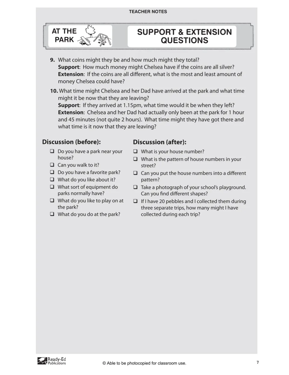 At The Park questions 9 and 10 on coins and elapsed time, plus discussion prompts to use before and after the story