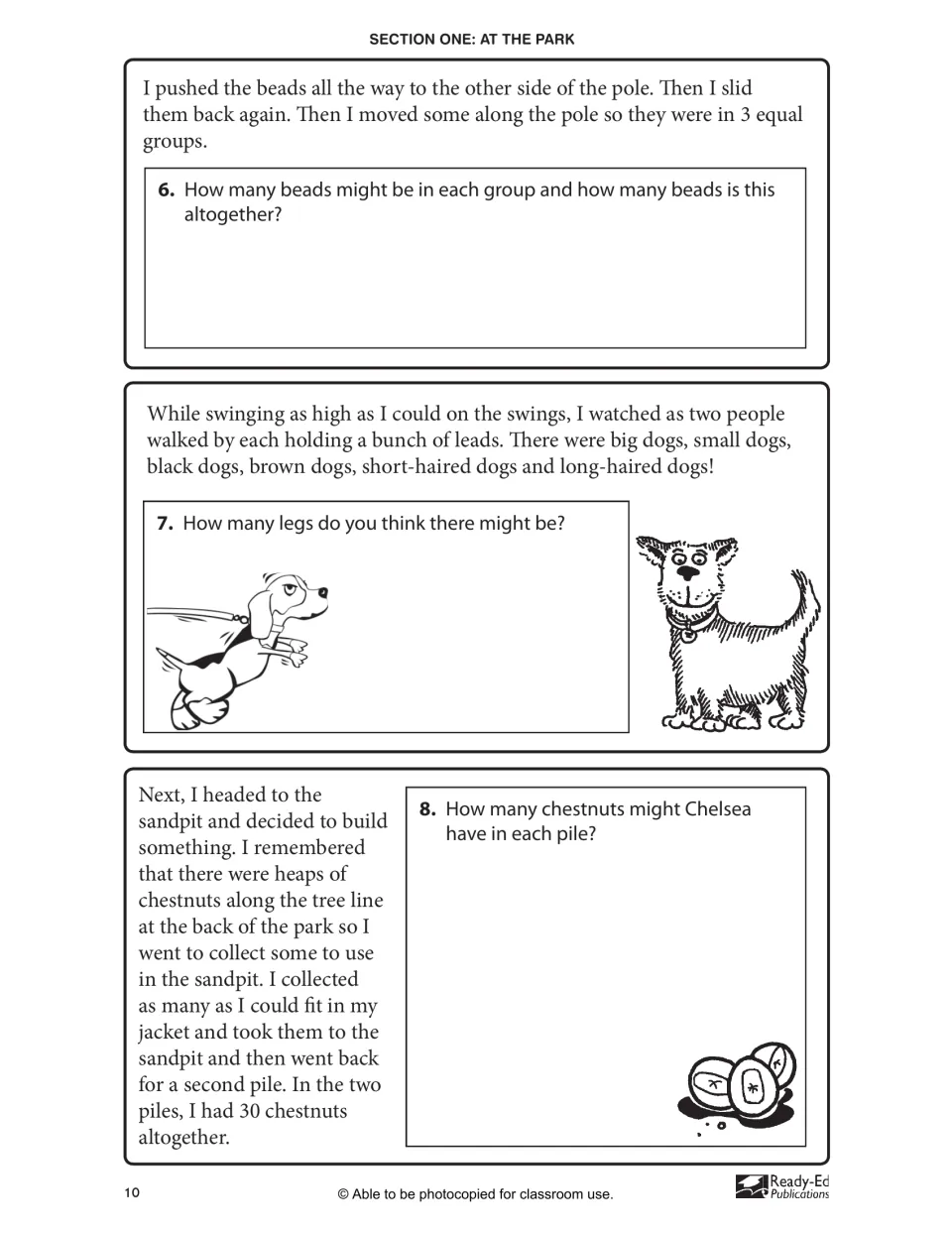 Park story problems: students split beads into 3 equal groups, count dog legs and share 30 chestnuts between two piles
