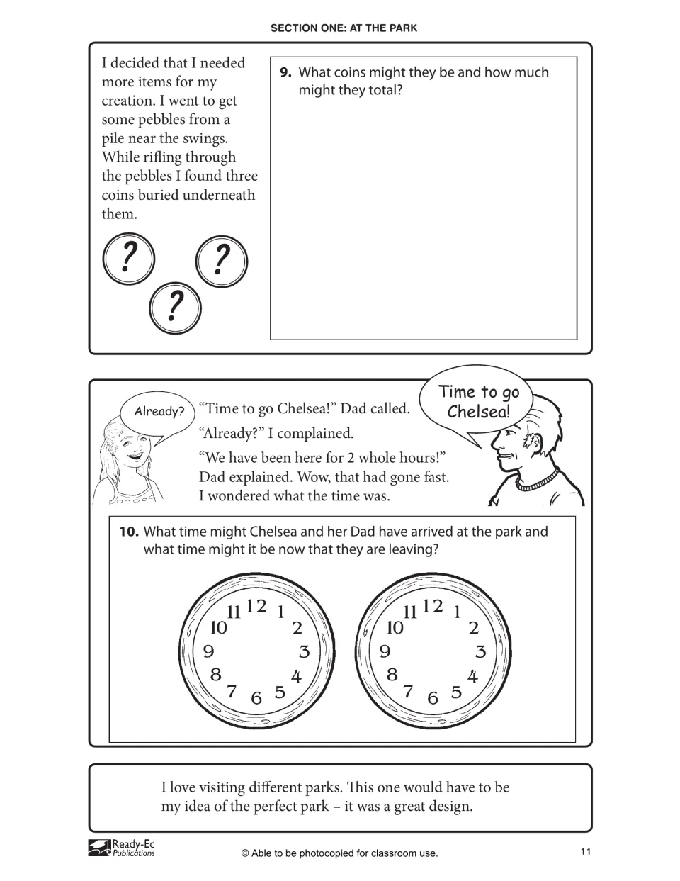 Park story problems: students choose three coins and total them, then show 2 hours of elapsed time on two blank clocks