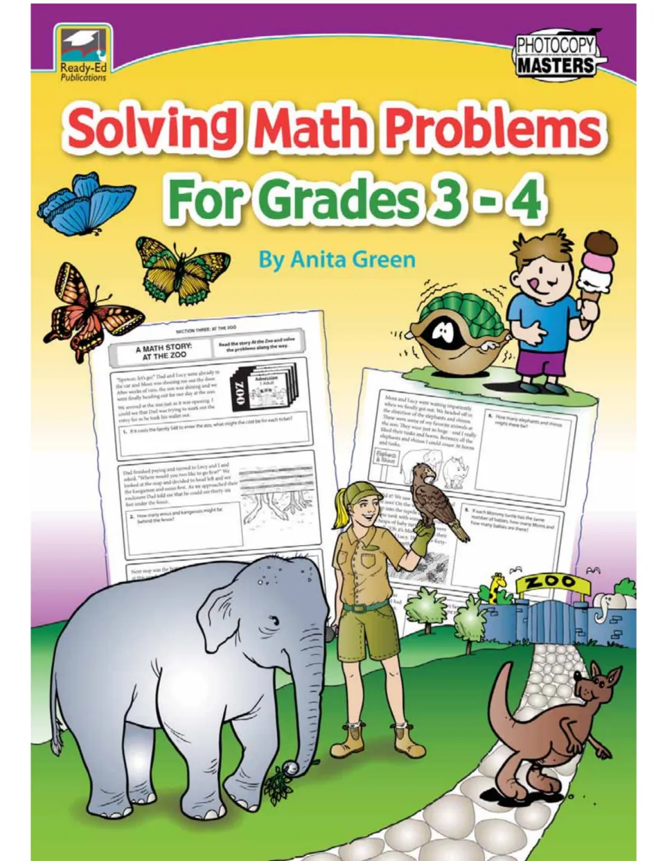 Cover of Solving Math Problems for Grades 3-4 by Anita Green, showing math story pages, a zookeeper, elephant and kangaroo