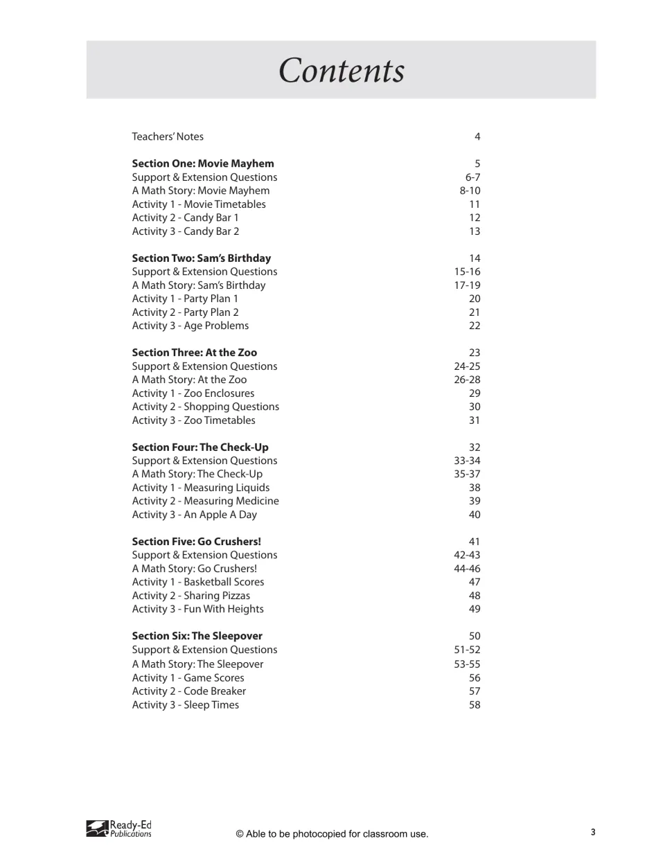 Contents: six story sections from Movie Mayhem to The Sleepover, each with support questions, a math story and 3 activities