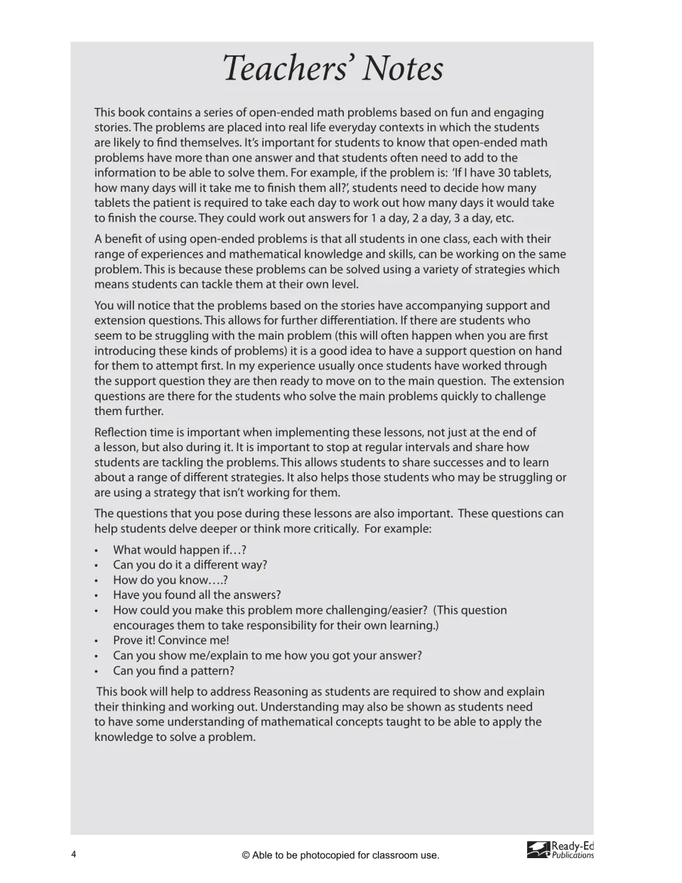 Teachers' notes on open-ended math problems: support and extension questions, reflection time and questions to ask