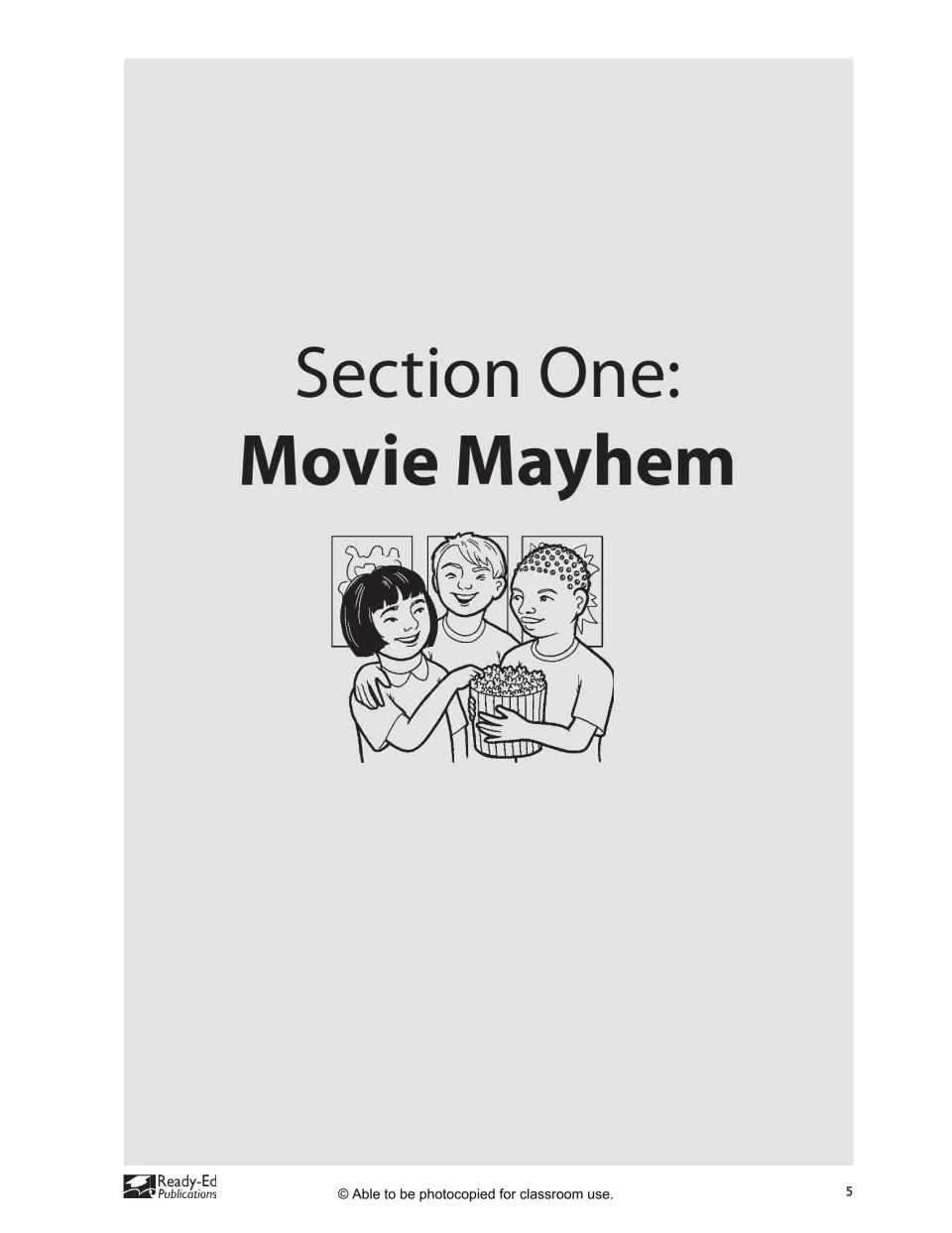 Section One: Movie Mayhem title page, illustrated with three children sharing a tub of popcorn in front of movie posters
