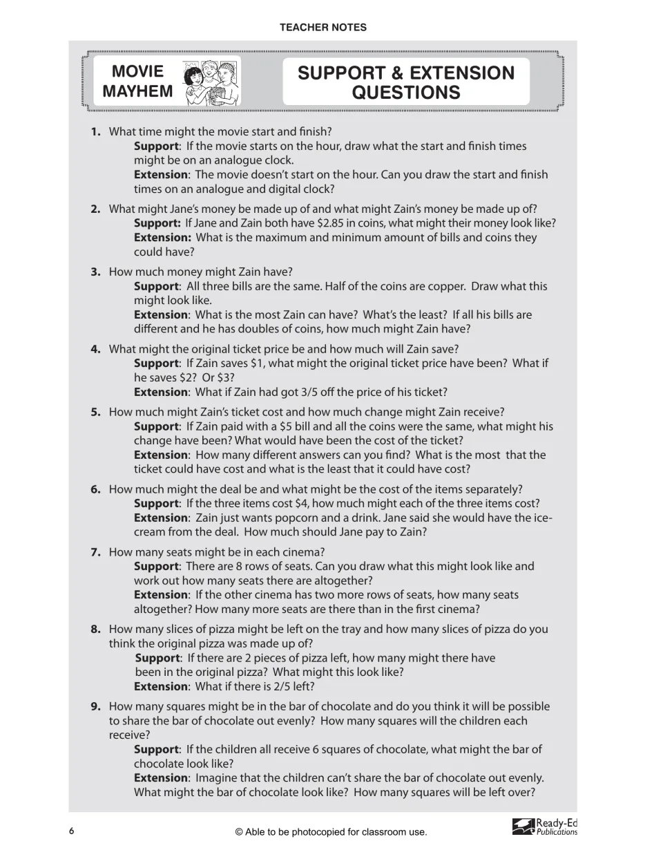 Movie Mayhem support and extension questions 1-9 on time, money, coupon savings, cinema seats, pizza fractions and sharing