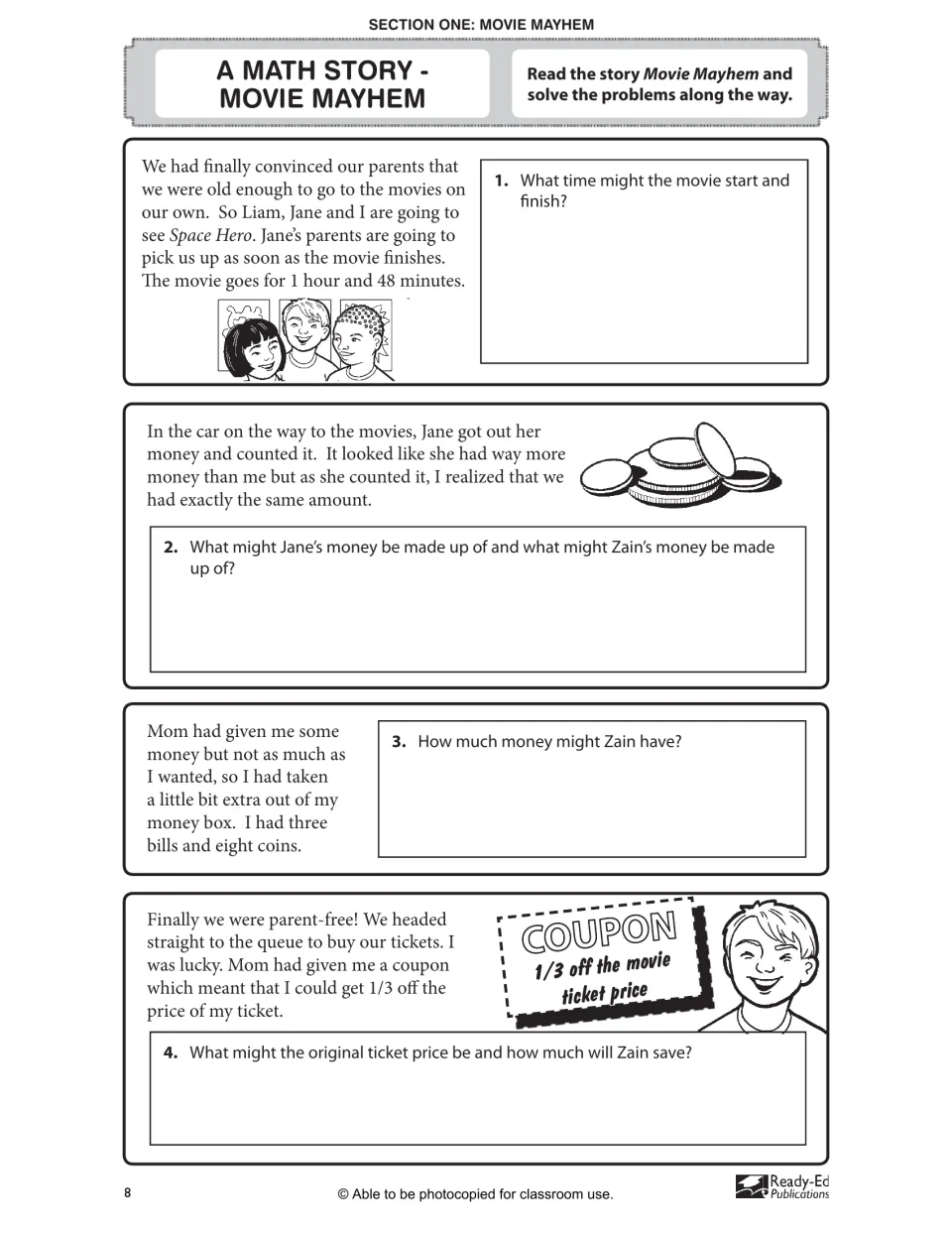Movie Mayhem math story, part 1: students read and solve problems on movie times, coins, money totals and a 1/3-off coupon