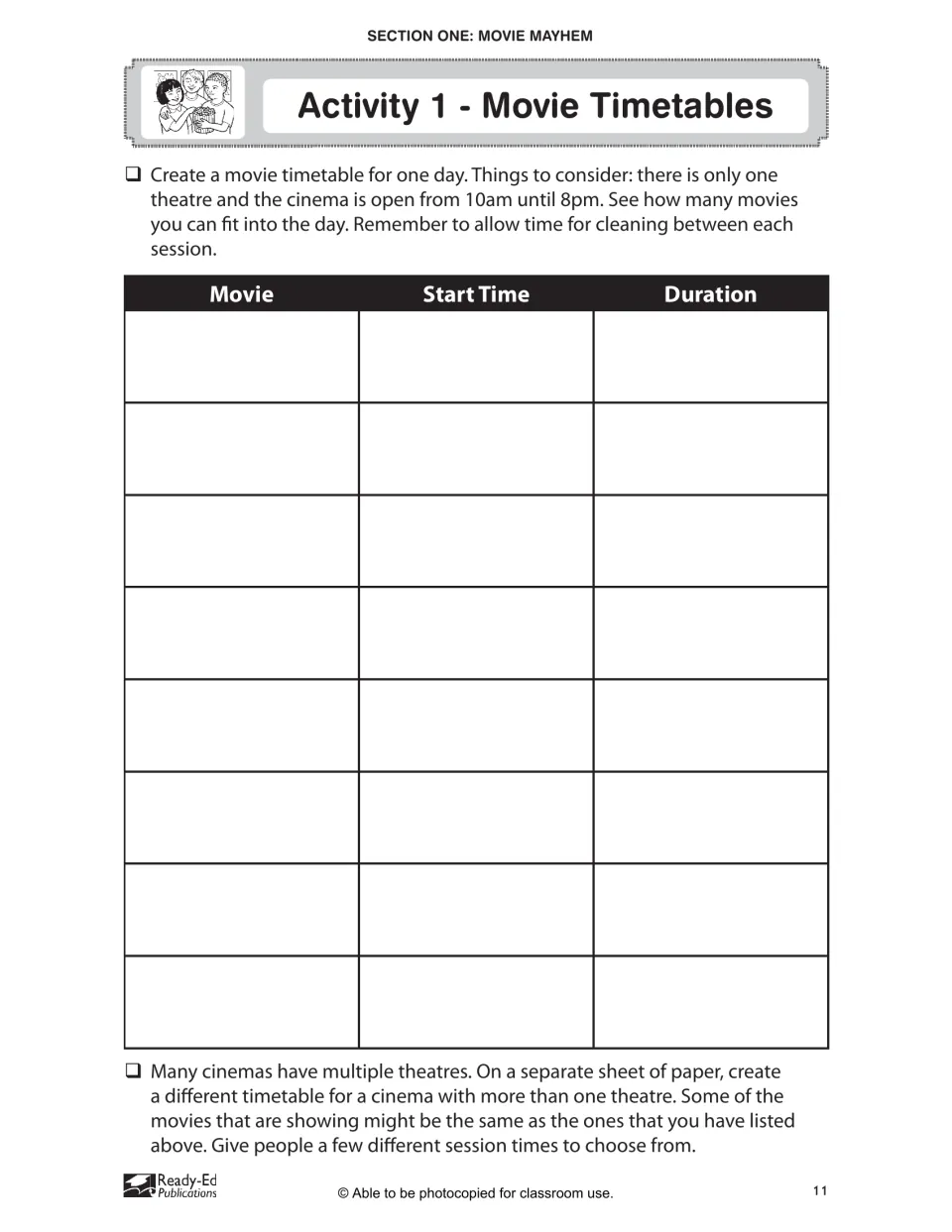 Movie Timetables activity: students plan a one-theatre cinema day from 10am to 8pm, listing movie, start time and duration