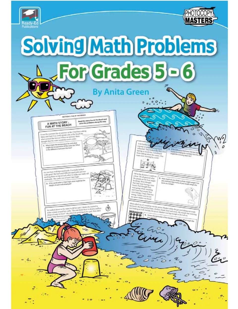 Solving Math Problems for Grades 5-6 cover by Anita Green, showing math story pages beside a beach scene with a surfer