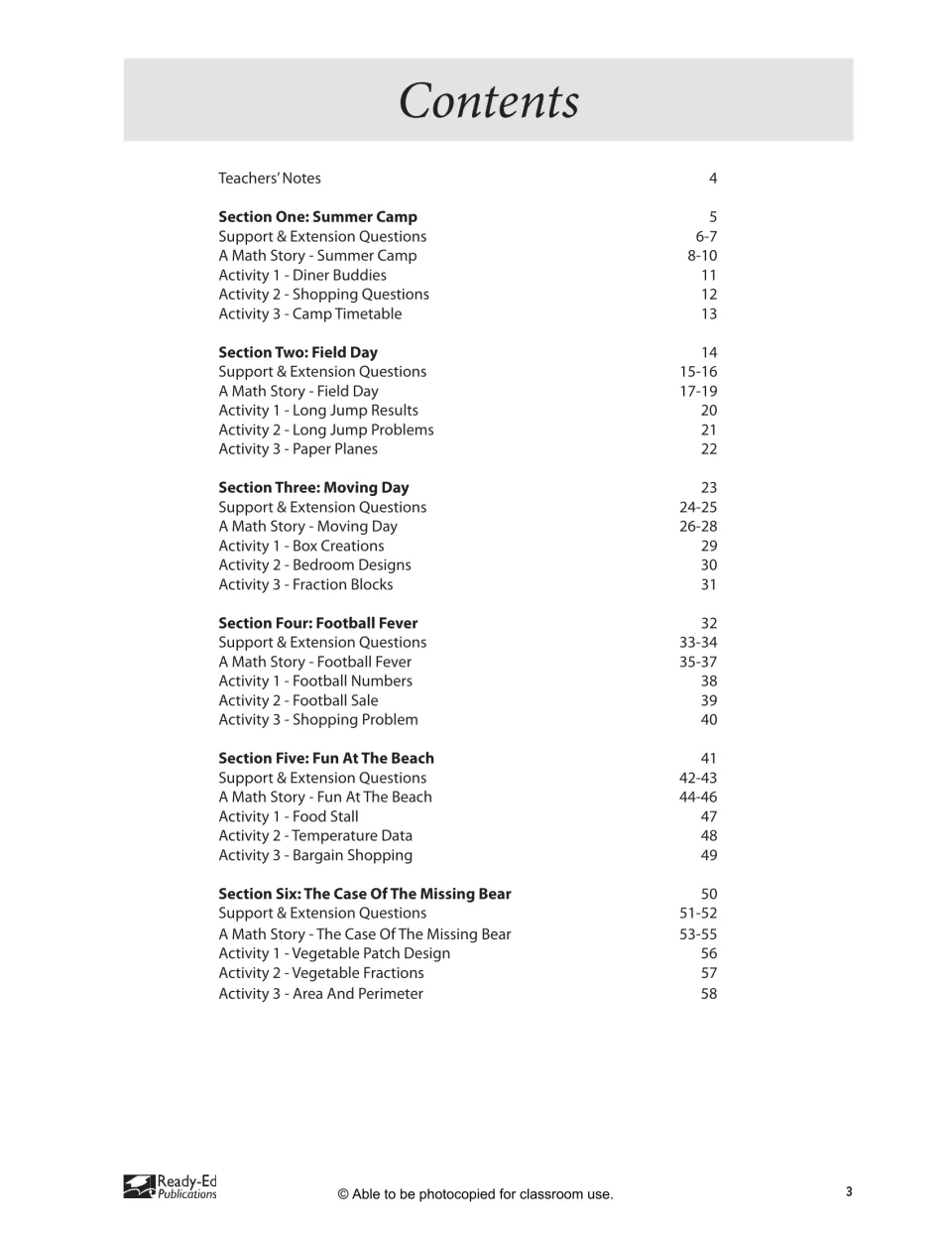 Contents listing teachers' notes and six sections, from Summer Camp to The Case Of The Missing Bear, with page numbers