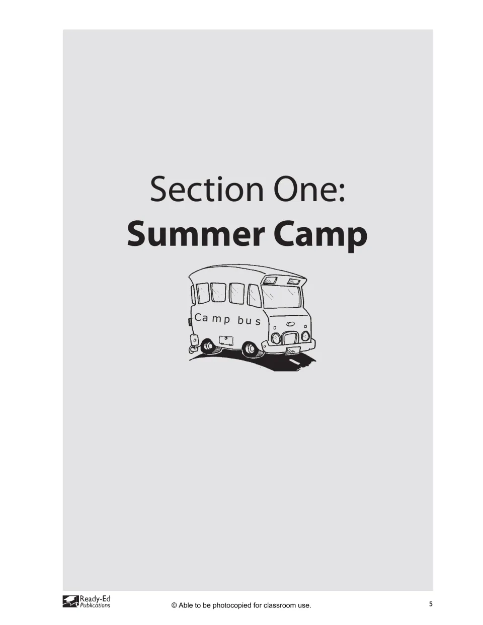 Section One: Summer Camp title page with a drawing of a camp bus, opening the first math story unit