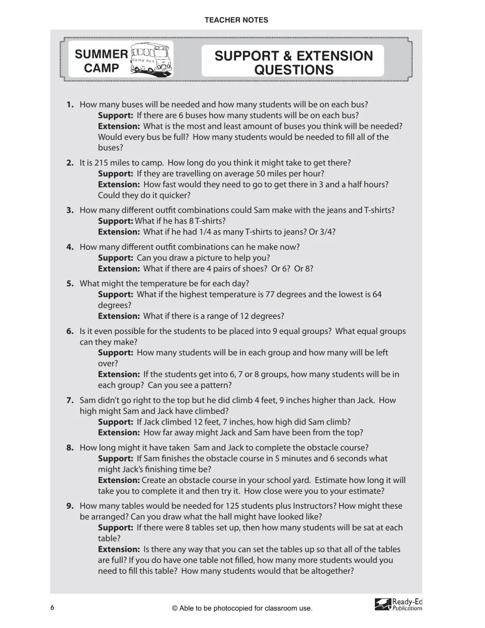 Summer Camp support and extension questions 1-9: easier and harder versions of bus, travel, outfit and grouping problems