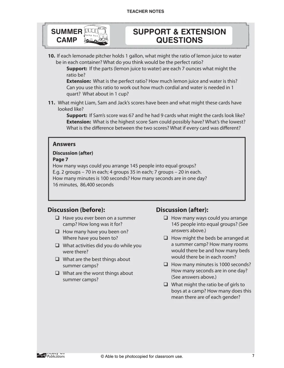 Summer Camp support and extension questions 10-11 on lemonade ratios and card scores, plus answers and discussion prompts