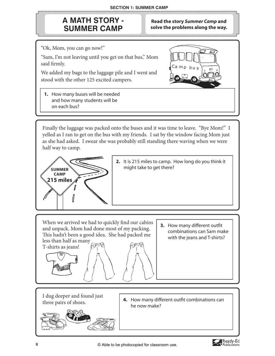 Summer Camp math story, part 1: students solve problems on buses for 125 campers, a 215-mile trip and outfit combinations