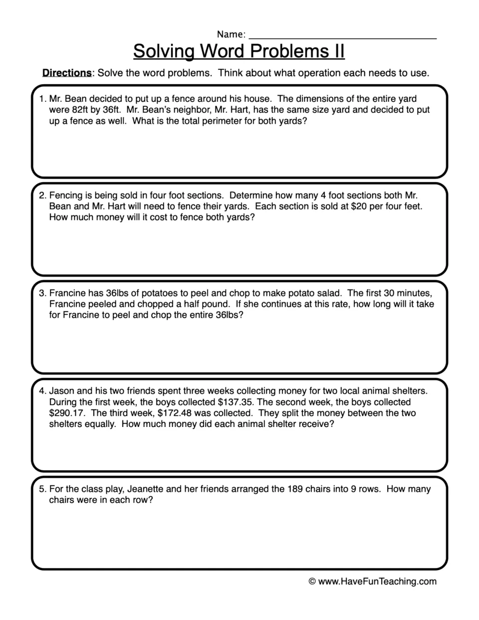 Solving Word Problems II: students choose the operation for 5 problems on fence perimeter, cost, rates and money