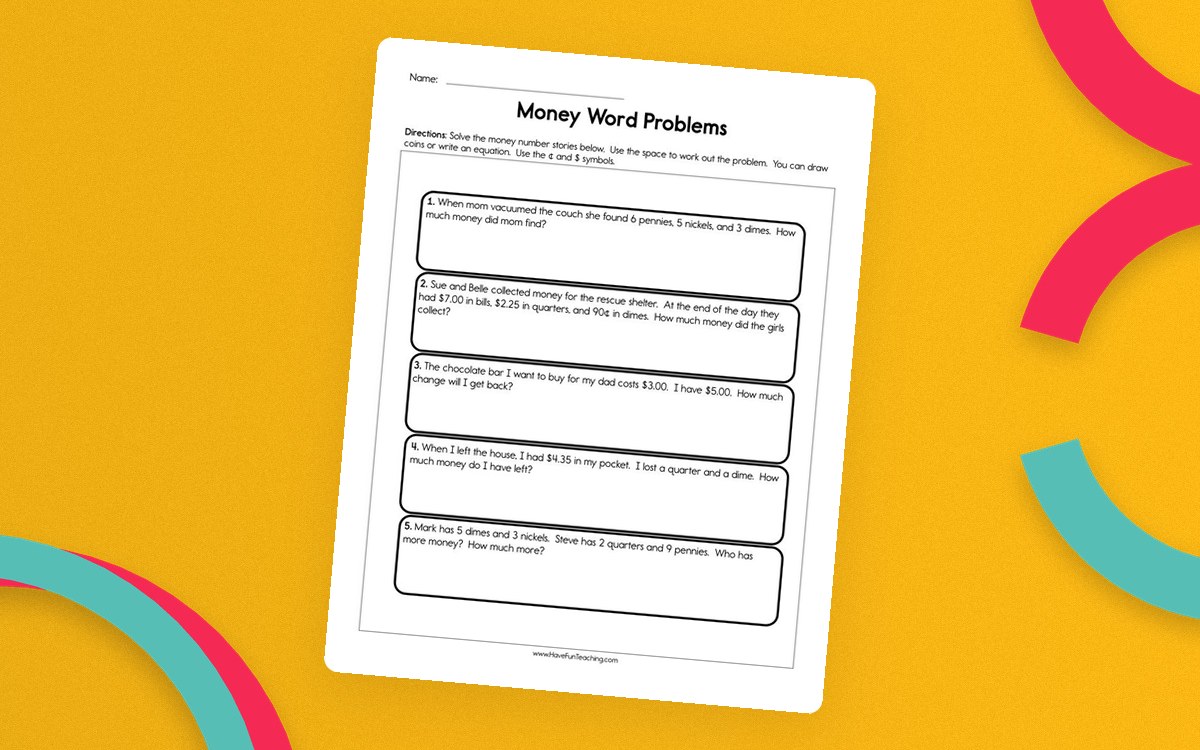 Solving Money Word Problems Worksheet preview: 5 money word problems with a complete answer key