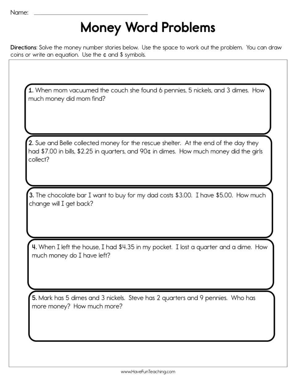 Money word problems: students solve 5 coin and dollar stories by drawing coins or writing equations with ¢ and $ signs