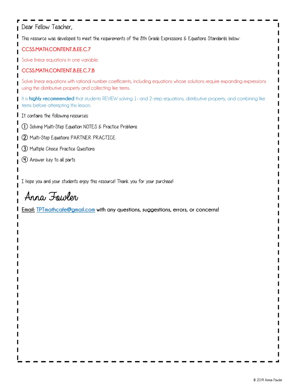 Teacher letter: review 1- and 2-step equations first; lists notes, partner practice, multiple choice and answer key