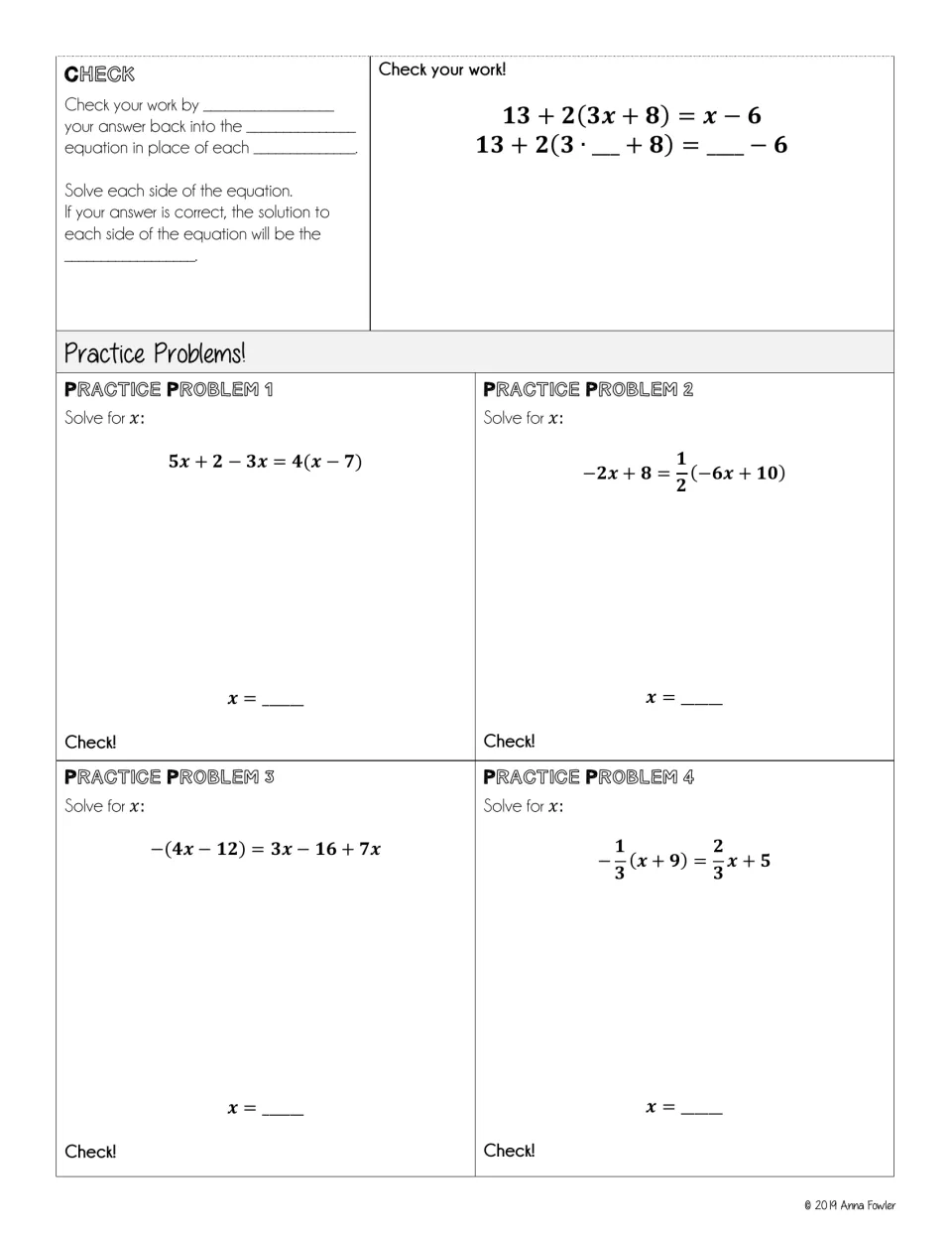 Checking solutions by substitution, then four practice problems solving for x with distributing, like terms and fractions