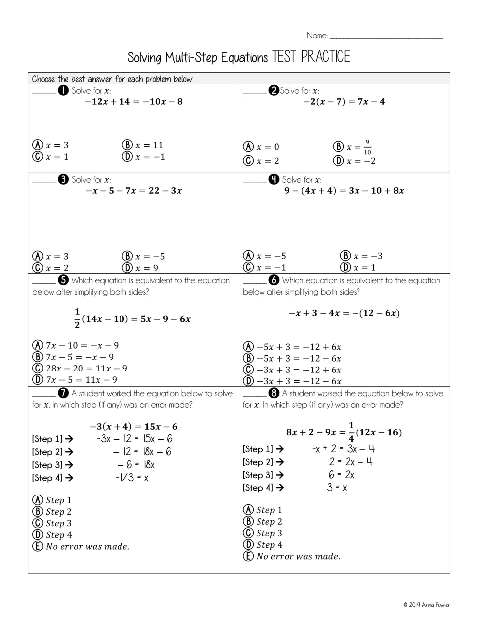 Test practice: eight multiple-choice items on solving for x, simplifying both sides and finding a student's error step