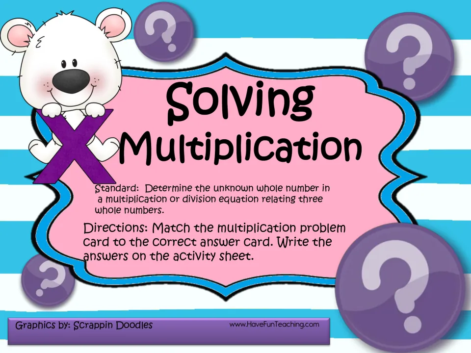 Solving Multiplication cover with polar bear: students match problem cards to answer cards and record on the sheet