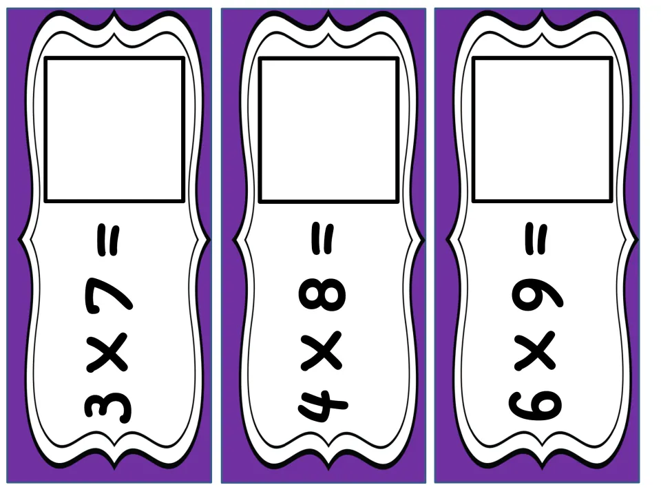 Multiplication problem cards 3 x 7, 4 x 8 and 6 x 9, each with an empty square where students place the matching product