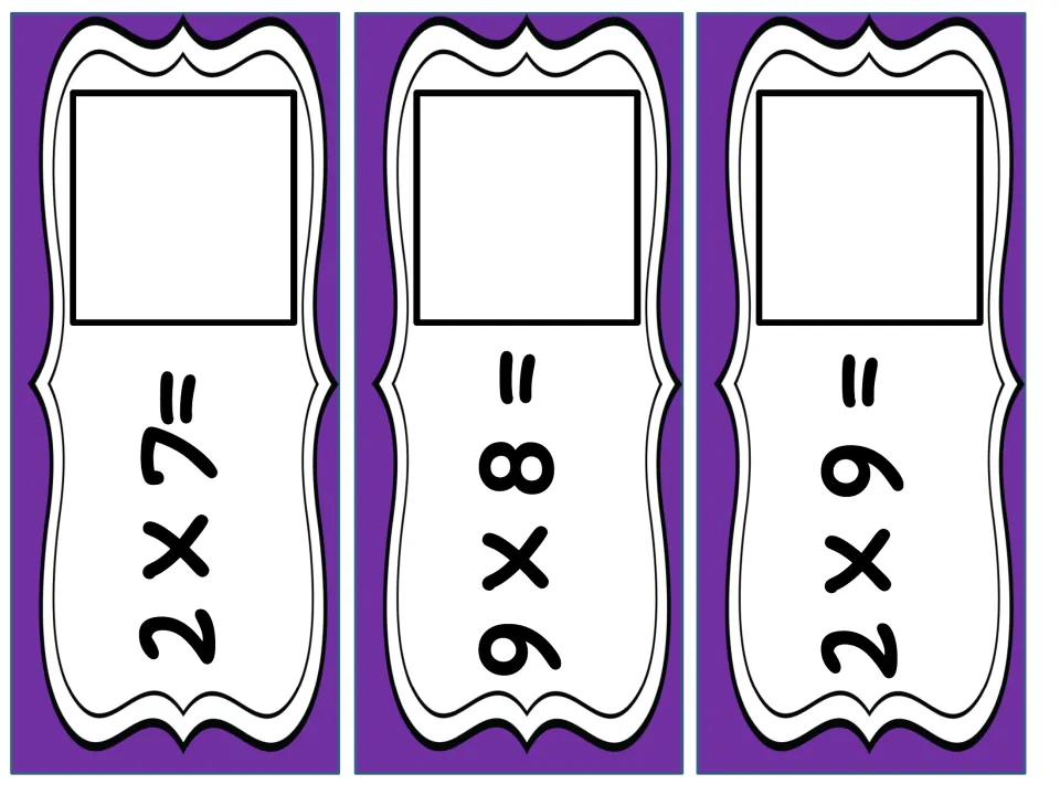 Multiplication problem cards 2 x 7, 9 x 8 and 2 x 9 with a blank square on each for students to match the correct product