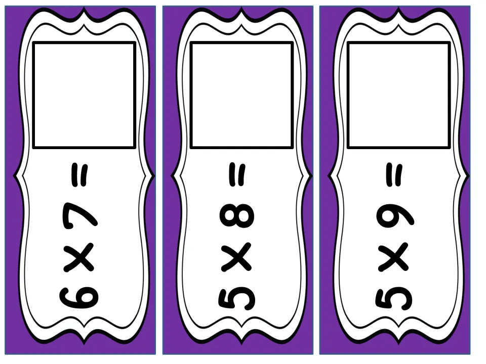 Multiplication problem cards 6 x 7, 5 x 8 and 5 x 9; students find the answer card for each and set it in the blank square