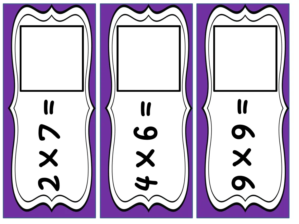 Multiplication problem cards 2 x 7, 4 x 6 and 9 x 9, each with an empty square for placing the matching product card