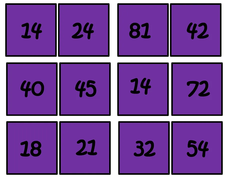 Product answer cards to cut out: 14, 24, 81, 42, 40, 45, 14, 72, 18, 21, 32 and 54 for matching to the problem cards