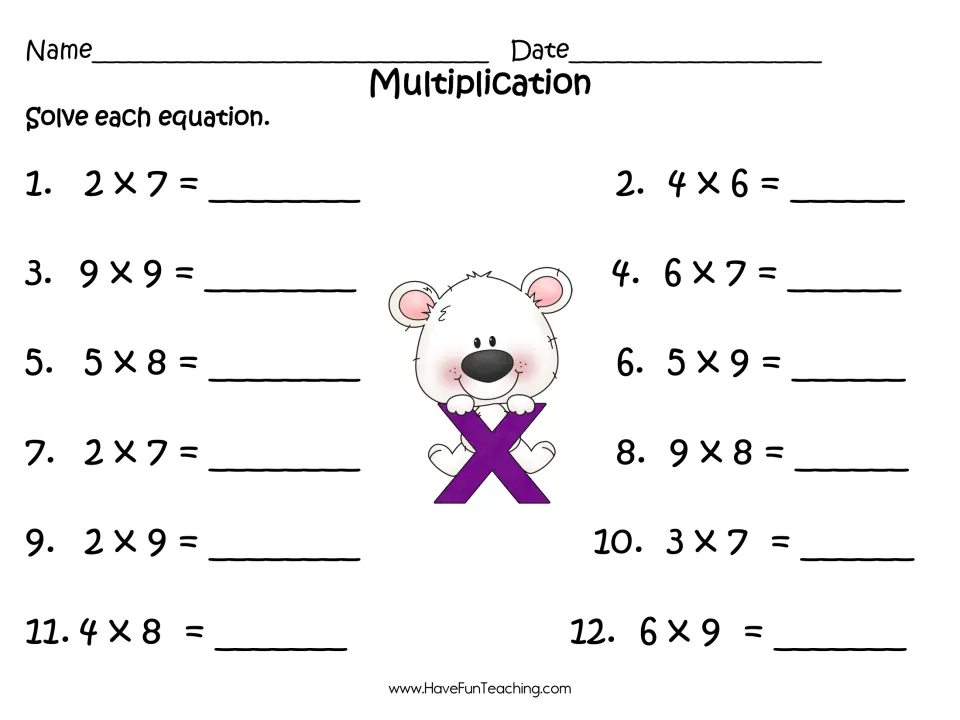 Multiplication recording sheet: students solve 12 equations such as 2 x 7, 9 x 9 and 6 x 9 and write each product
