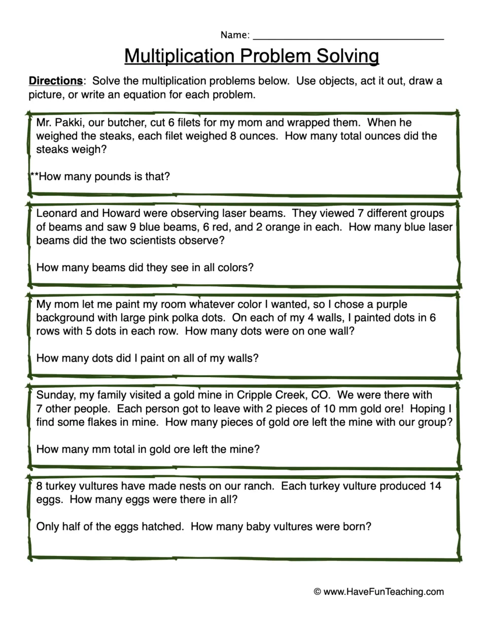 Multiplication word problem worksheet: steak weights, laser beams, painted dots, gold ore, and vulture eggs