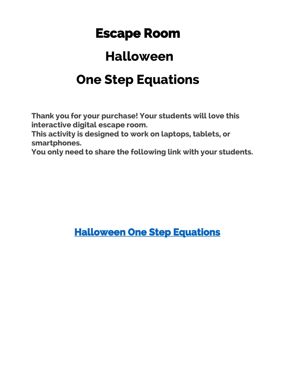 Halloween One Step Equations escape room title page with a teacher note to share the digital link with students