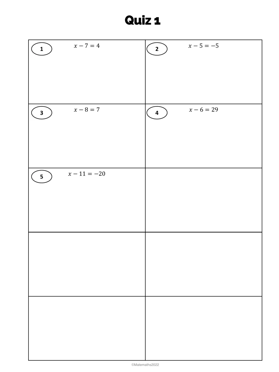 Quiz 1, subtraction equations: students solve 5 one-step problems like x - 7 = 4 and x - 11 = -20 by adding to isolate x