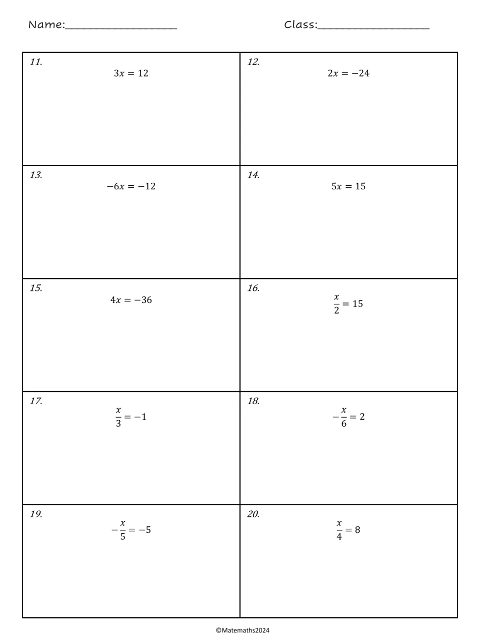 One-step equations with multiplication and division: students solve problems 11 to 20 such as 3x = 12 and x/4 = 8