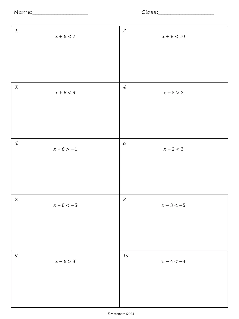 One-step inequalities using addition and subtraction: students solve 10 problems such as x + 6 < 7 and x - 4 < -4