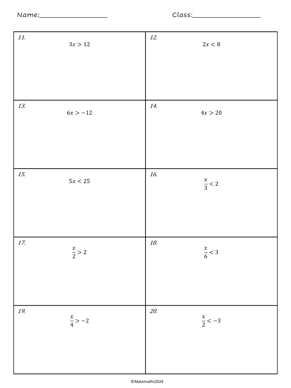 One-step inequalities with multiplication and division: students solve problems 11 to 20 such as 3x > 12 and x/4 > -2