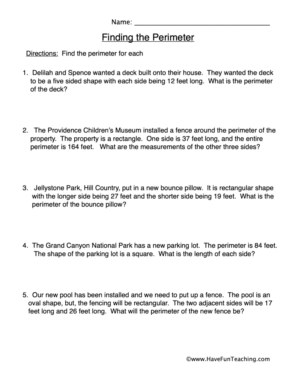 Finding the Perimeter: students solve 5 word problems about a deck, fences, a bounce pillow and a square parking lot
