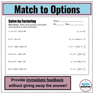 Solving Quadratics by Factoring – Matching Sheet – sample page 2