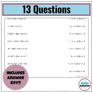 Solving Quadratics by Factoring – Matching Sheet – sample page 3