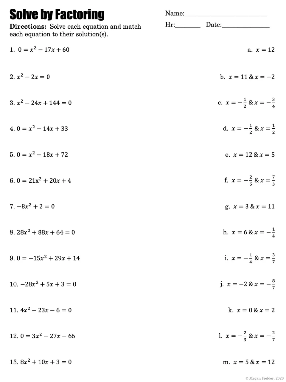 Solve by Factoring: students solve 13 quadratic equations and match each one to its solution pair from choices a to m