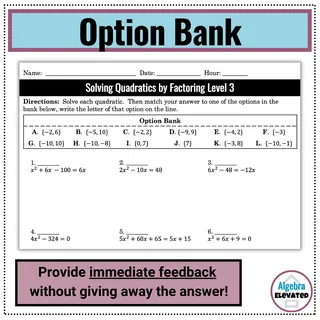 Solving Quadratic Equations by Factoring Worksheet Level 3 – sample page 2