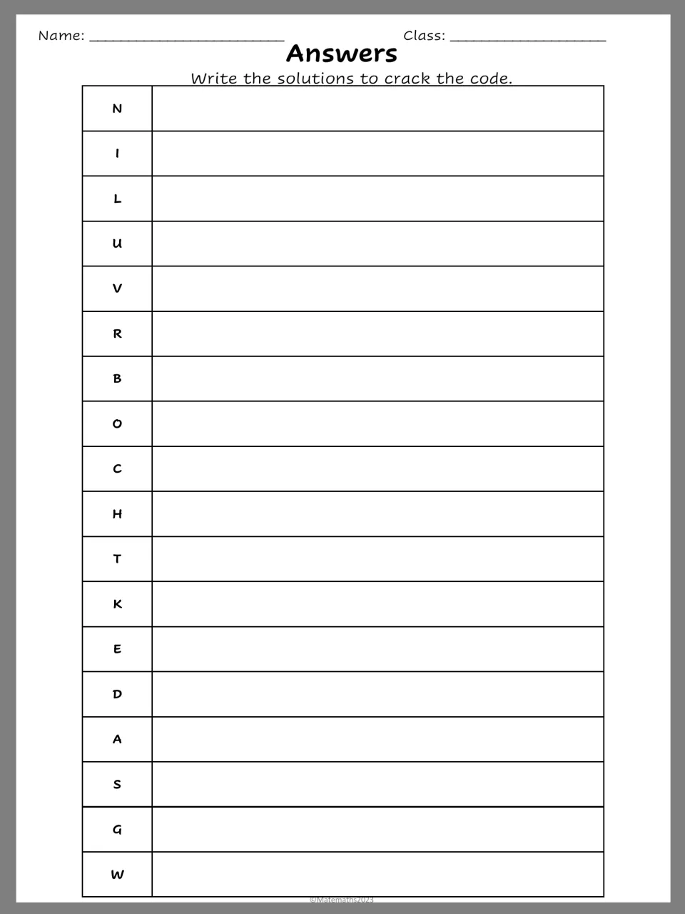 Answers recording sheet: students write the pair of solutions next to each letter, N through W, to crack the code