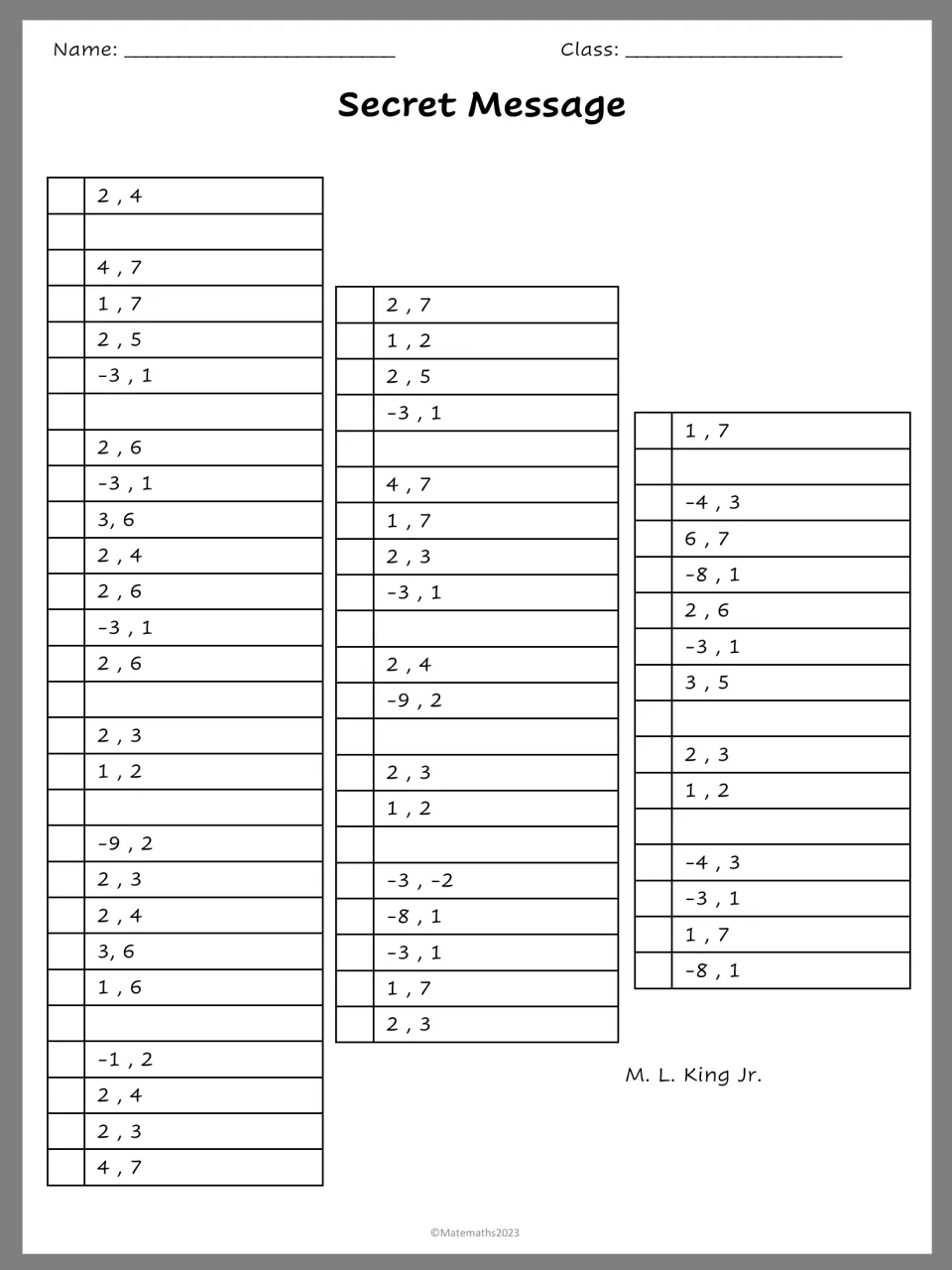 Secret Message: students match each pair of roots, such as 2,4 or -3,1, to its letter to reveal an M. L. King Jr. quote
