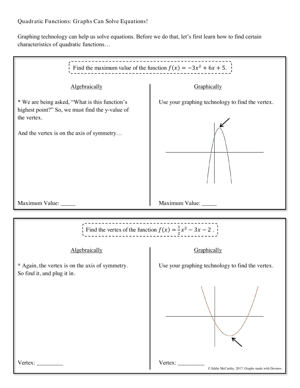 Guided notes, page 1: find the maximum of f(x) = -3x² + 6x + 5 and the vertex of f(x) = ½x² - 3x - 2.