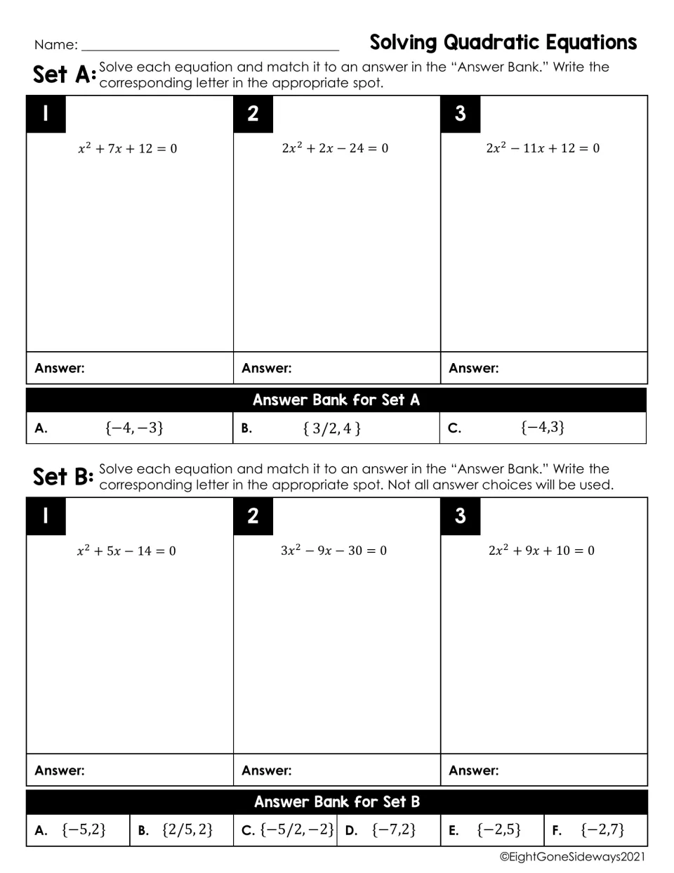Solving quadratic equations by factoring: students solve Sets A and B and match each solution to a lettered answer bank
