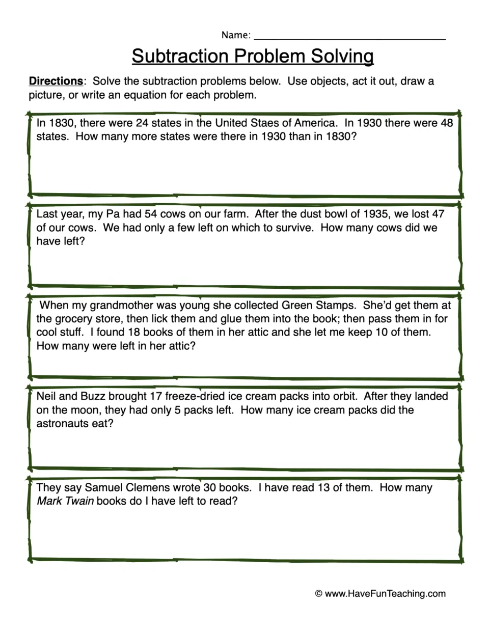 Subtraction problem solving: students solve 5 history-themed word problems on states, cows, stamps and moon ice cream