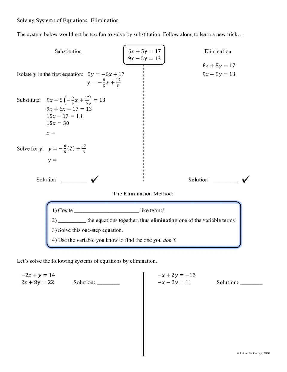 Elimination method notes: students compare substitution with elimination, fill in the 4 steps, then solve 2 systems